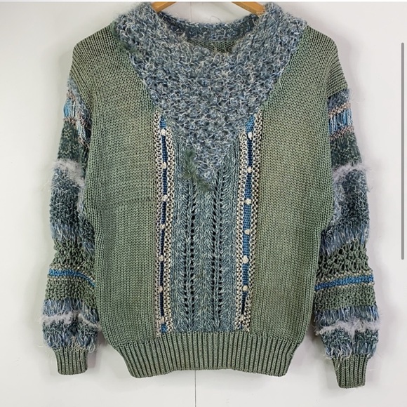 Homemade textured Sweater, muted green & blue size m/L w/feathers! nwt - Picture 2 of 10